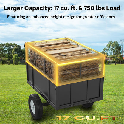 Heavy Duty Steel Utility Dump Trailer – 17 Cu.Ft Garden Cart with Removable Mesh Sides & Pneumatic Tires, 750 Lbs Tow Behind Trailer for ATV, UTV, Lawn Tractor Hauling in Yard & Farm, Black