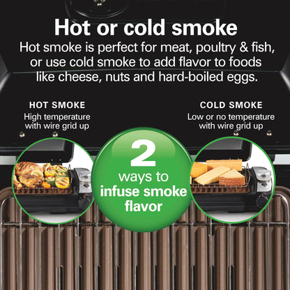 Hamilton Beach Electric Indoor Grill with Hot and Cold Smoke Infuser, 150°F - 450°F Temperature Control For Searing, Vented Hood and Fan, 116 Sq. In. Non-Stick Cooking Surface, Black (25375)