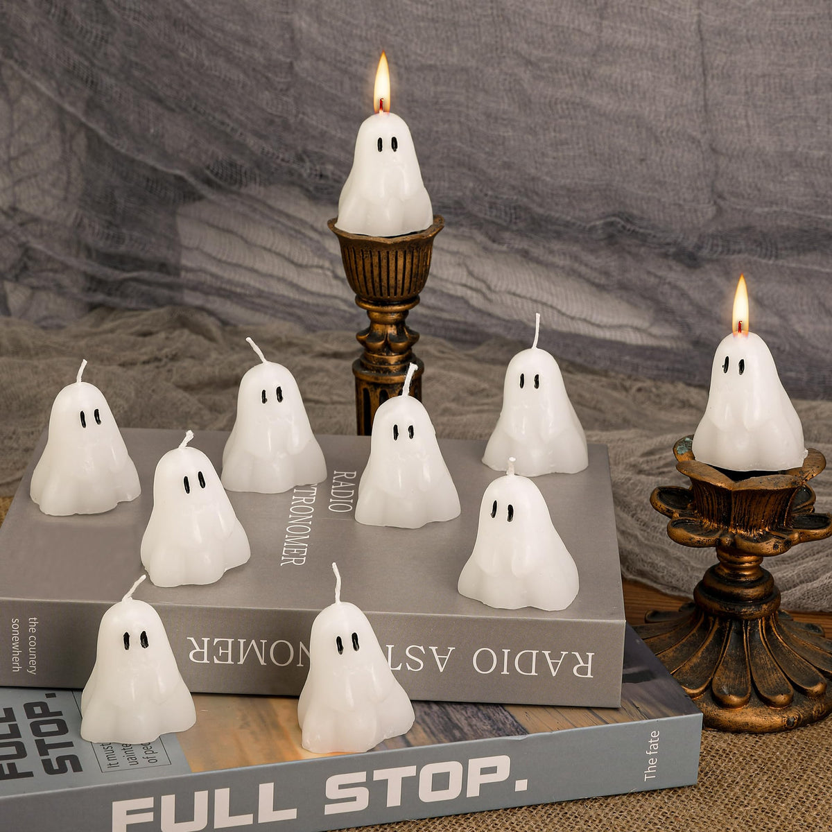 EBaokuup 10 PCS 2'' X 1.6'' Halloween Ghost Candles, Ghost Shaped Decor Candles, Fun Face Spooky Burning Candle for Halloween Party Home and Table Decorations