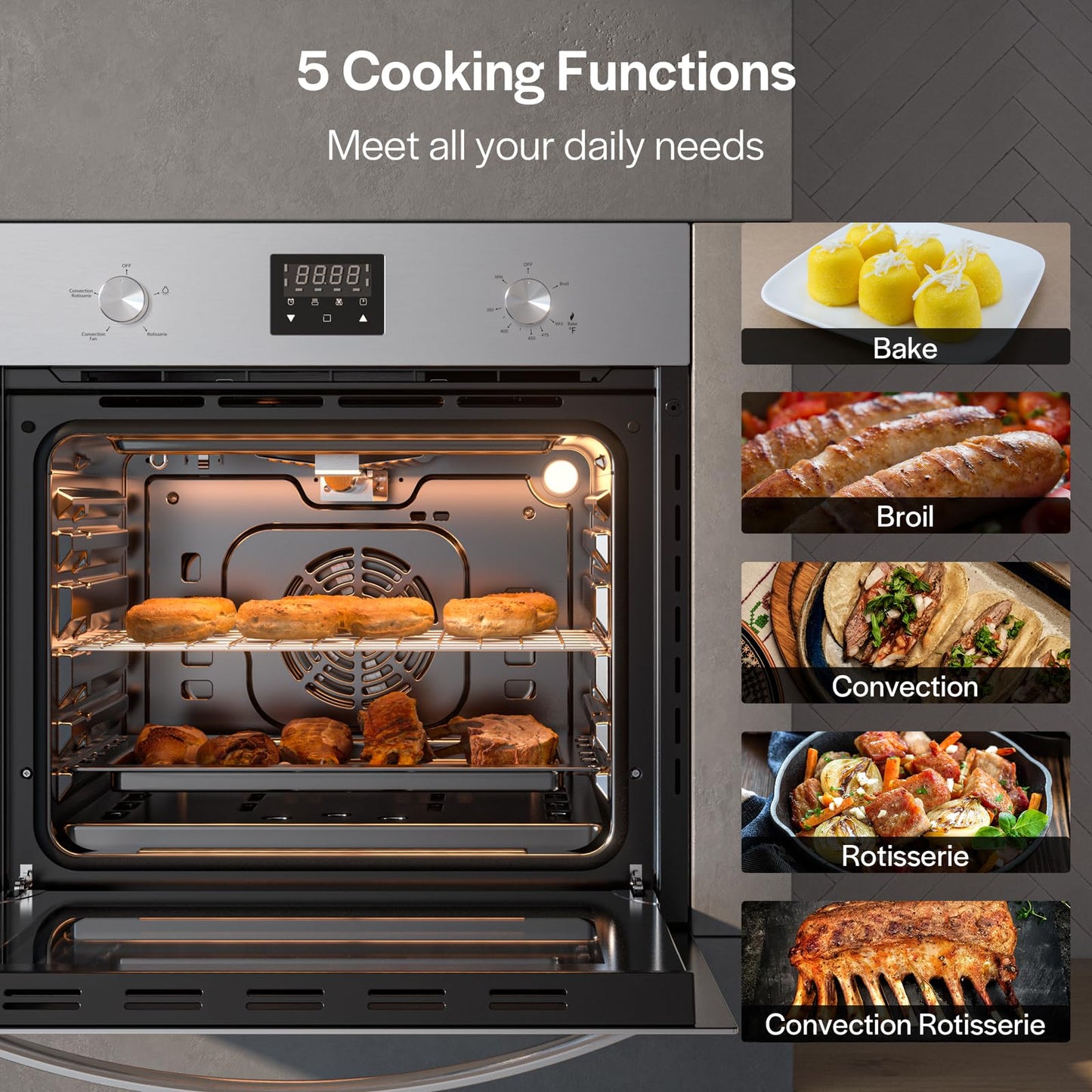 Empava 24 Inch Natural Gas Single Wall Oven with 5 Cooking Modes, Convection Fan and Rotisserie, Knob Control and Digital Display, Stainless Steel