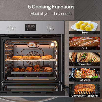 Empava 24 Inch Natural Gas Single Wall Oven with 5 Cooking Modes, Convection Fan and Rotisserie, Knob Control and Digital Display, Stainless Steel