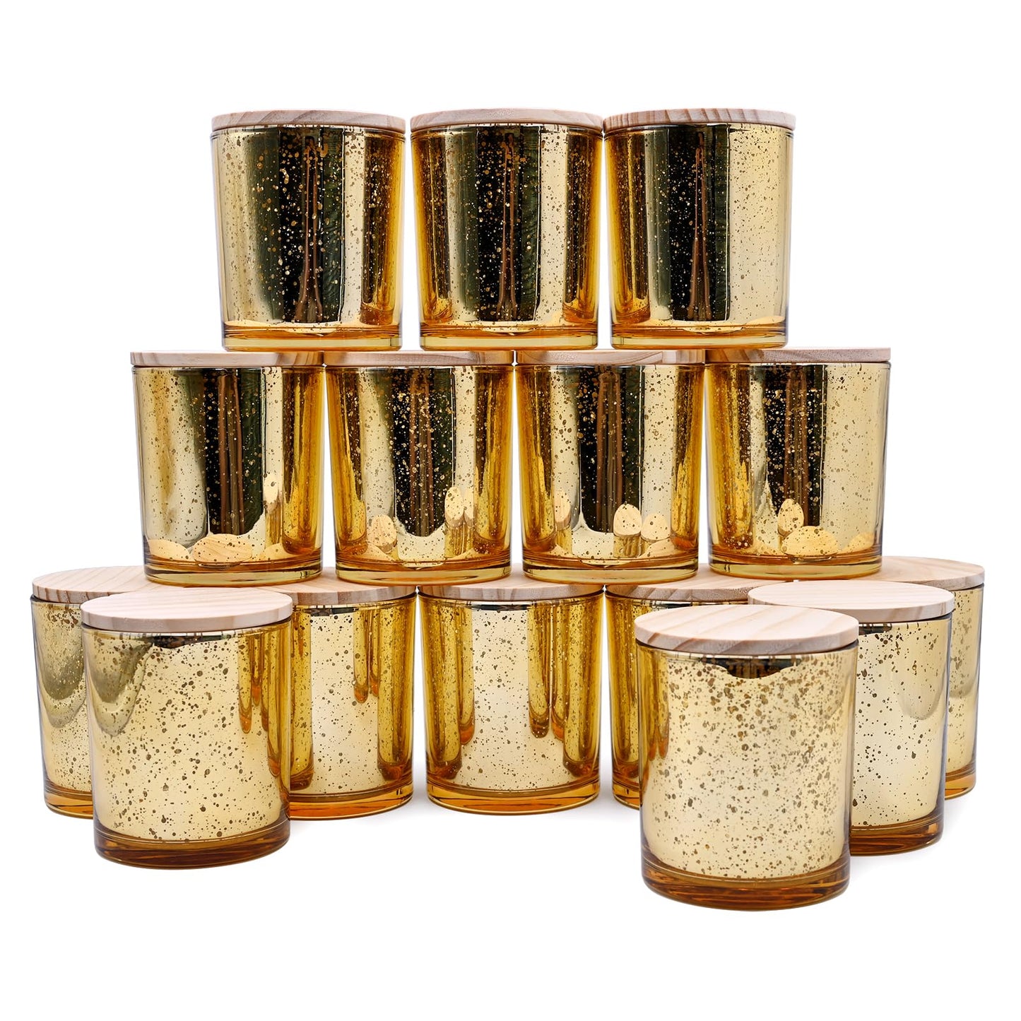 SHOWIN 10 OZ Thick Candle Jars for Making Candles 15 Pcs, Empty Jars with Wood Lids for Candle Making, Sample Container, Gold