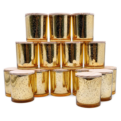SHOWIN 10 OZ Thick Candle Jars for Making Candles 15 Pcs, Empty Jars with Wood Lids for Candle Making, Sample Container, Gold