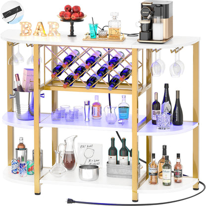 Unikito 4-Tier Metal Coffee Bar Cabinet with Outlet and LED Light, Freestanding Floor Bar Table for Liquor with Glass Holder and Wine Storage, Wine Bakers Rack for Kitchen Dining Room, White and Gold