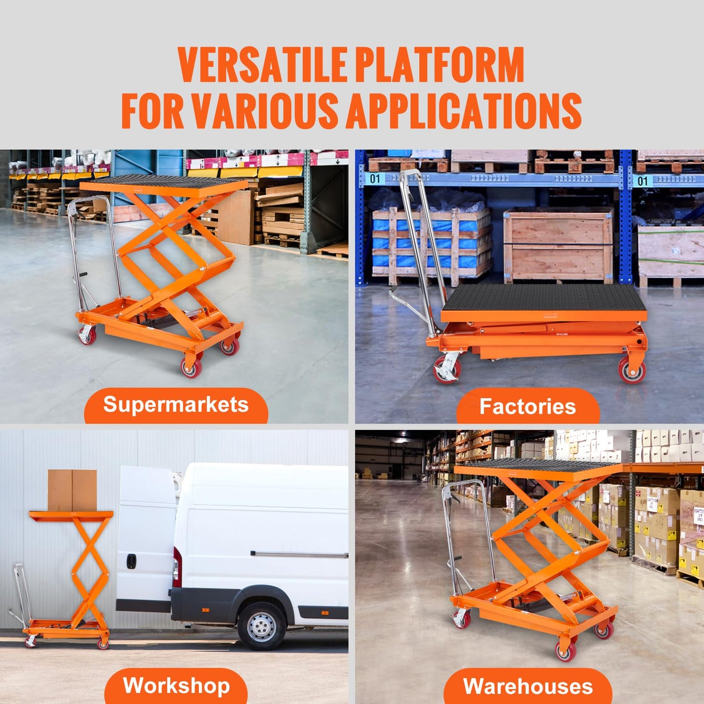 VEVOR TFD35 Hydraulic Lift Table Cart, 770lbs Capacity 59" with 4 Wheels and Non-Slip Pad, for Material Handling and Transportation, Orange