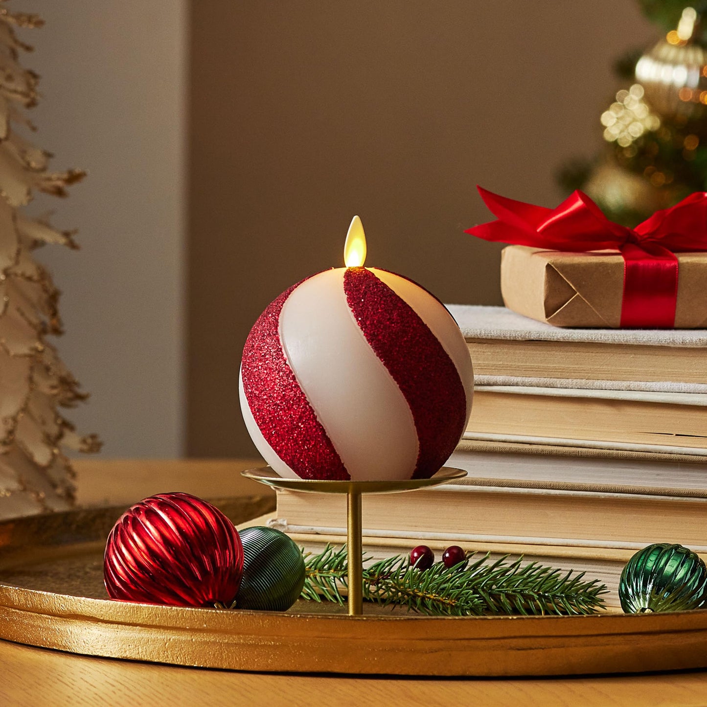 Luminara - Flameless Holiday Crystal Beads Glitter Sphere Candle - Candy Cane Red - Pack of 1-4x4.25 - Auto Timer Built-in 5-Hour Timer Indoor Use
