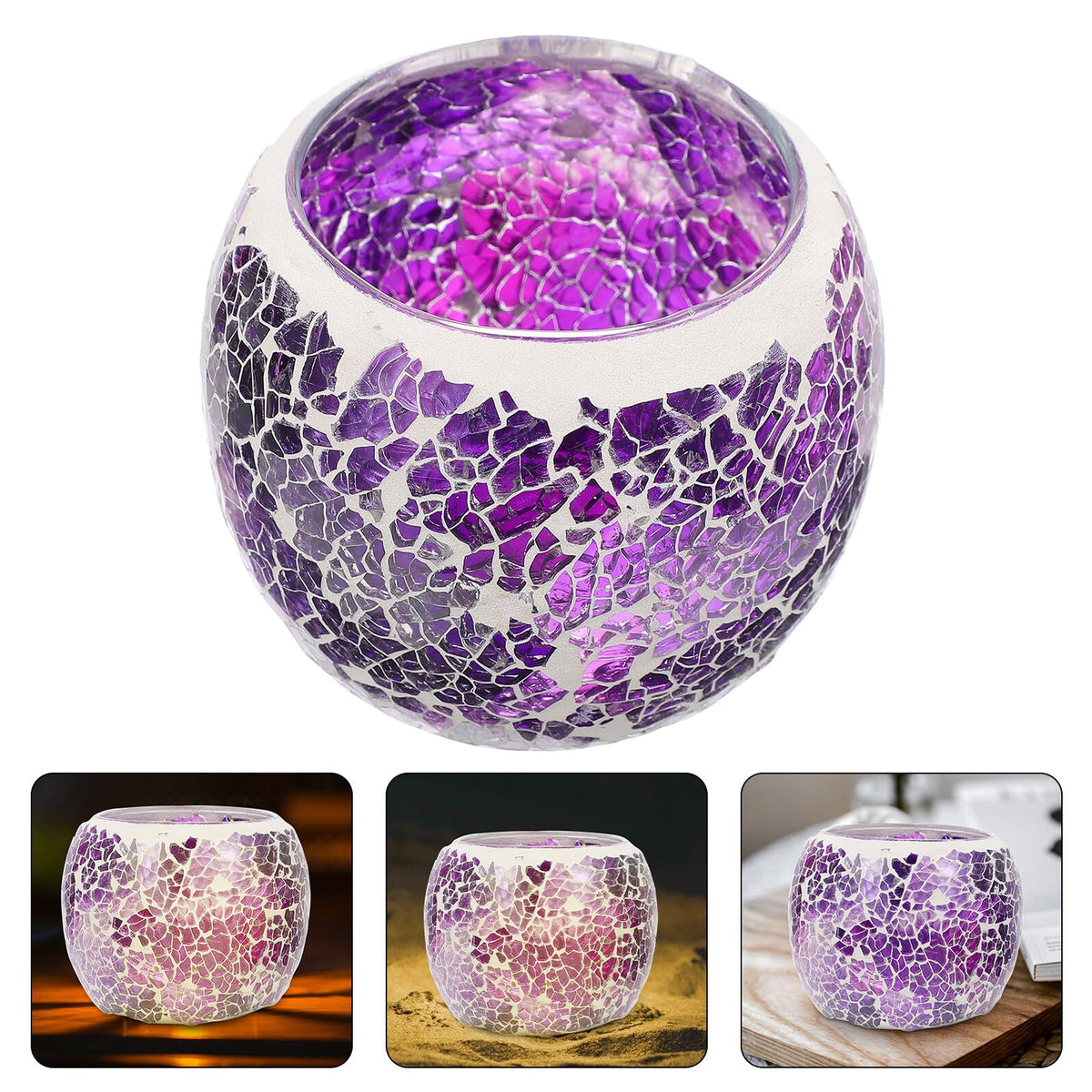 HOOTNEE European Style Mosaic Glass Candleholder, Purple Table Decor for Romantic Dining, Restaurant Candlestick, Decorative Glass Candle Stand for Home and Wedding Centerpiece