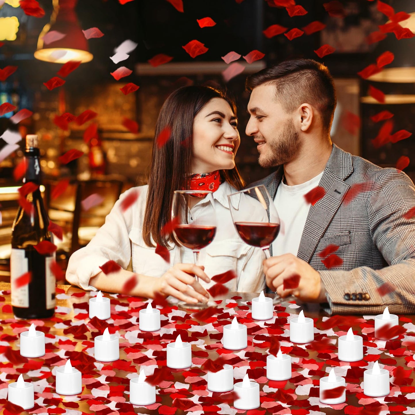 Coume 6000 Pcs Artificial Rose Petals with 72 Pcs Flameless LED Candles Romantic Decorations Fake Candles Anniversary Decorations for Valentine's Day Wedding Night(White with Red Series Petal)