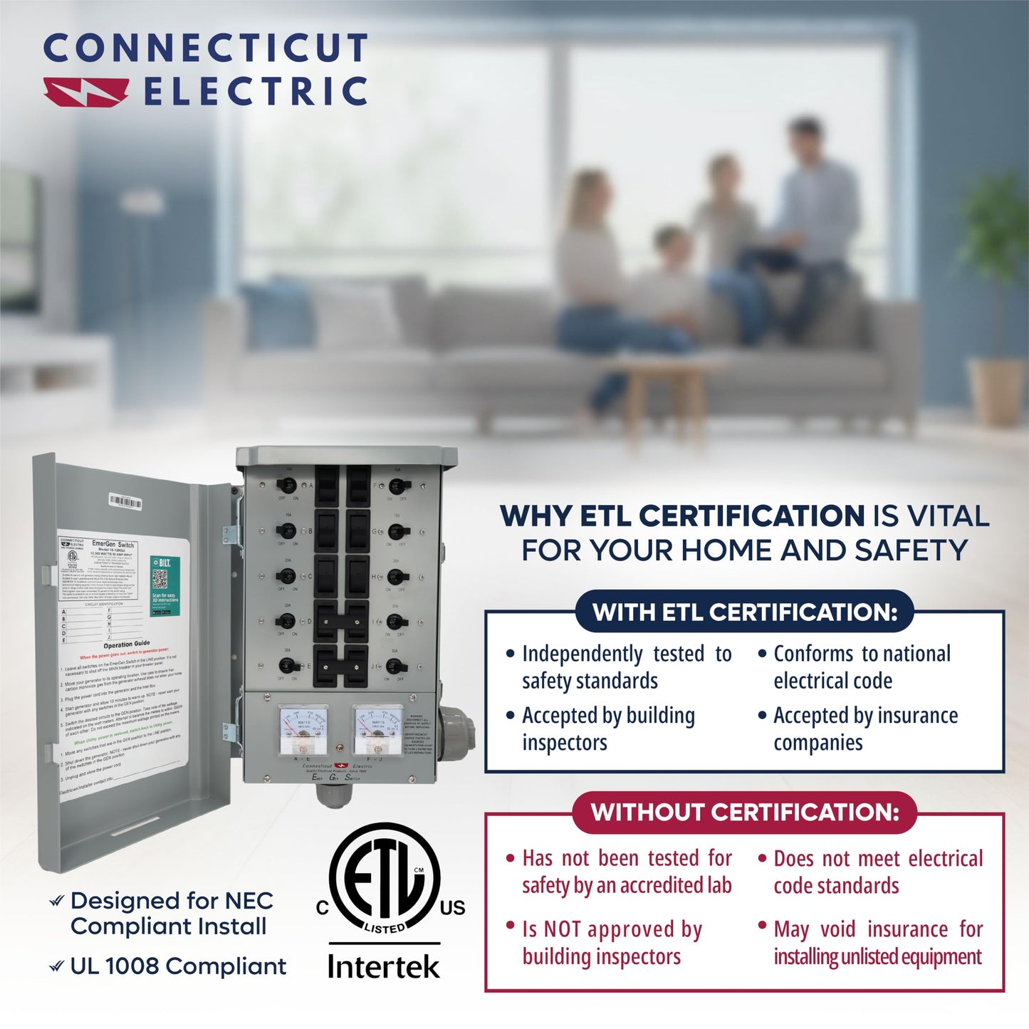 Connecticut Electric EmerGen Backup Power Manual Transfer Switch - 50 Amp, 10-Circuit, 12500 Watts, for Generator (Transfer Switch Only)
