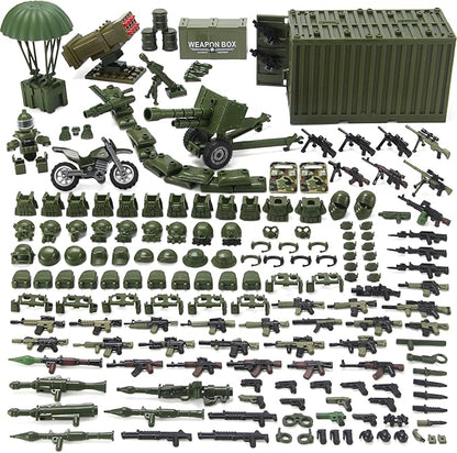 Military Weapons Pack with Shipping Cargo Container Army Equipment Helmet Armor 325Pcs Various of Military Accessories Building Block Toy Compatible with Major Brands Soldier Figures (Jungle Green)