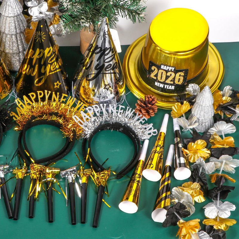 Atonofun 2026 New Years Eve Party Supplies for 20 Guests, 48 Pcs New Year Eve Party Hats and Horns, Headband, Tattoos, Blowouts, Leis 2026 New Year Party Favors