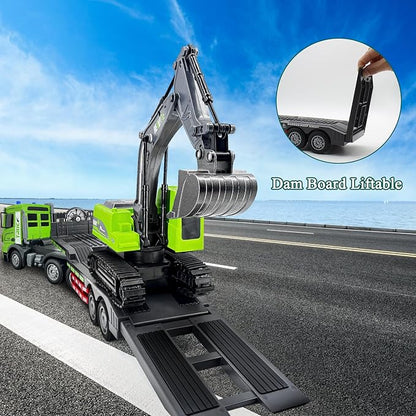 Fistone RC Semi-Trailer Truck &amp Excavator Toy Set 1:12 Scale with Sound and Lights 11CH 2.4Ghz Remote Control Flatbed Truck and Excavator Toys Great Gift for Kids Boys