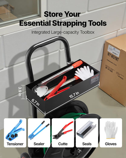 VEVOR Banding Strapping Cart, Fit for PET/PP/Polyester Strapping Coils with 8 inches Core Size, Heavy Duty Strapping Dispenser Equipped with Upgrade Brake System, Built-in Spacious Tray for Tools