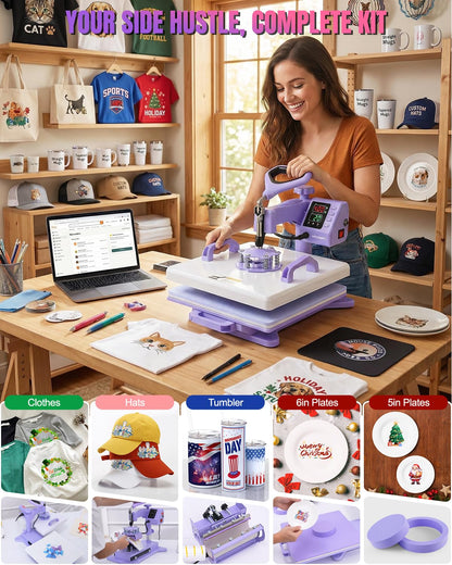 15x15 Heat Press Machine for T Shirts with 30oz Tumbler Press 5-in-1 Slide Out Easy Loading Heat Transfer with Dual-Tube Heating & 4-Zone PID Temp Controller for Quick & Even Heat on Hat Cap Mug Plate
