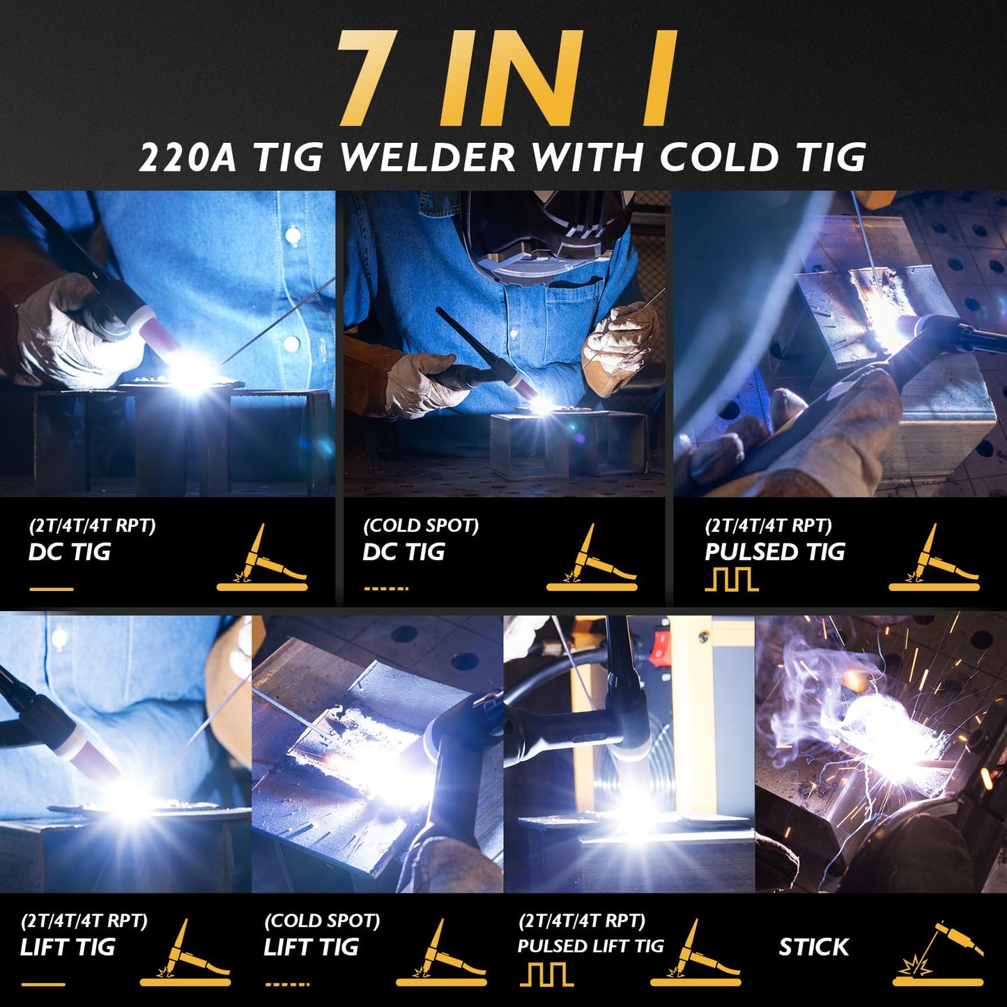TOOLIOM 220A Cold TIG Welder with DC Pulse, 7 In 1 Cold Spot Lift TIG/Stick Welder with IGBT Inverter, 110&220V Welding Machine with Large Digital Display 2T/4T/4T Repeat Mode TIG Welding Equipment