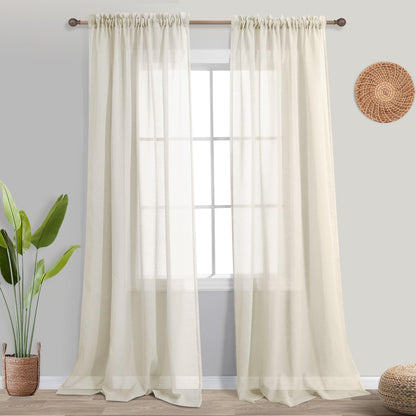KOUFALL Beige Sheer Curtains 96 Inches Long 2 Panel Set,Cream Tan Rod Pocket Linen Look Neutral Curtains for Living Room Bedroom