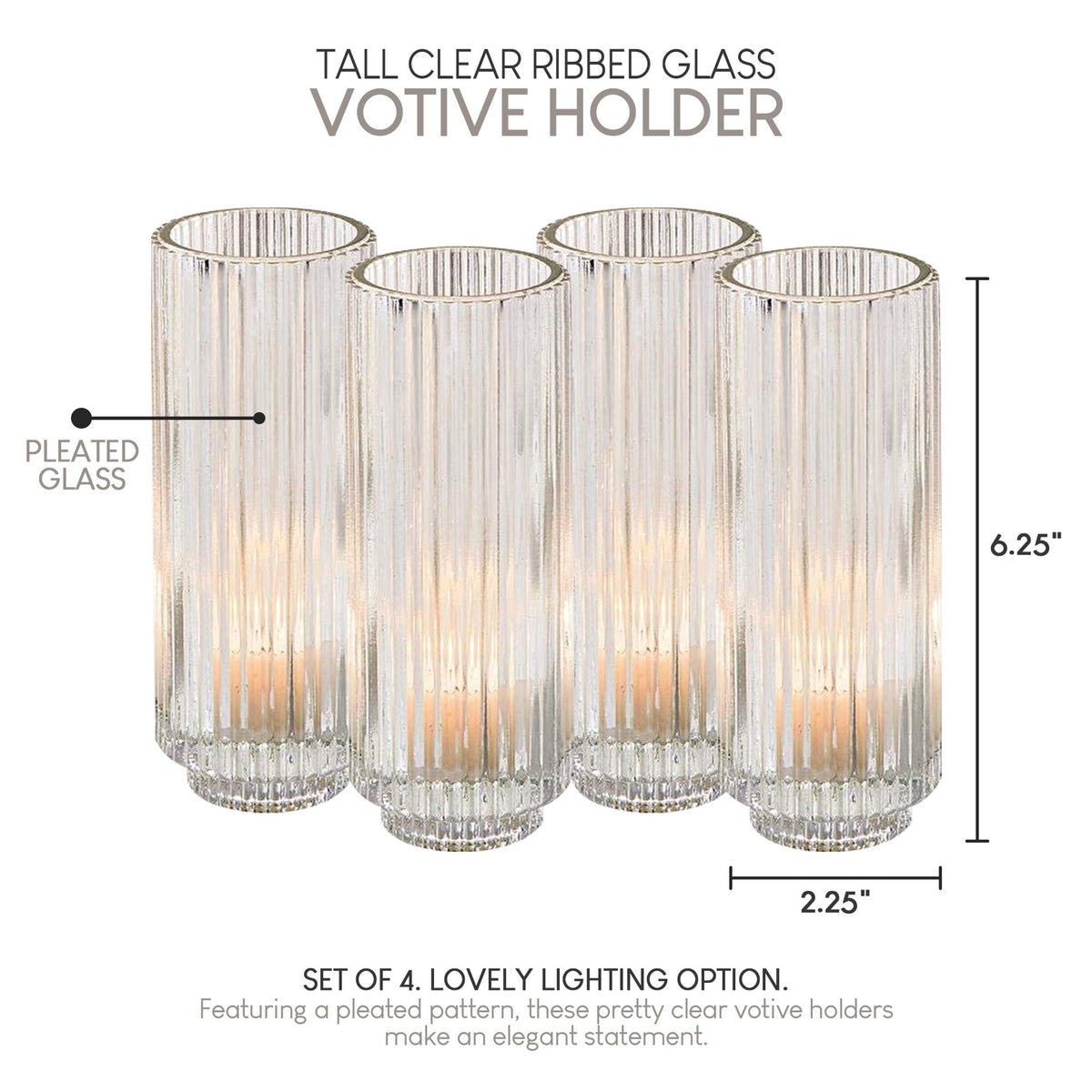 Serene Spaces Living Set of 4 Tall Clear Ribbed Glass Votive Holder, Perfect for Weddings and Home Décor, Measures 6.25" Tall and 2.25" Diameter