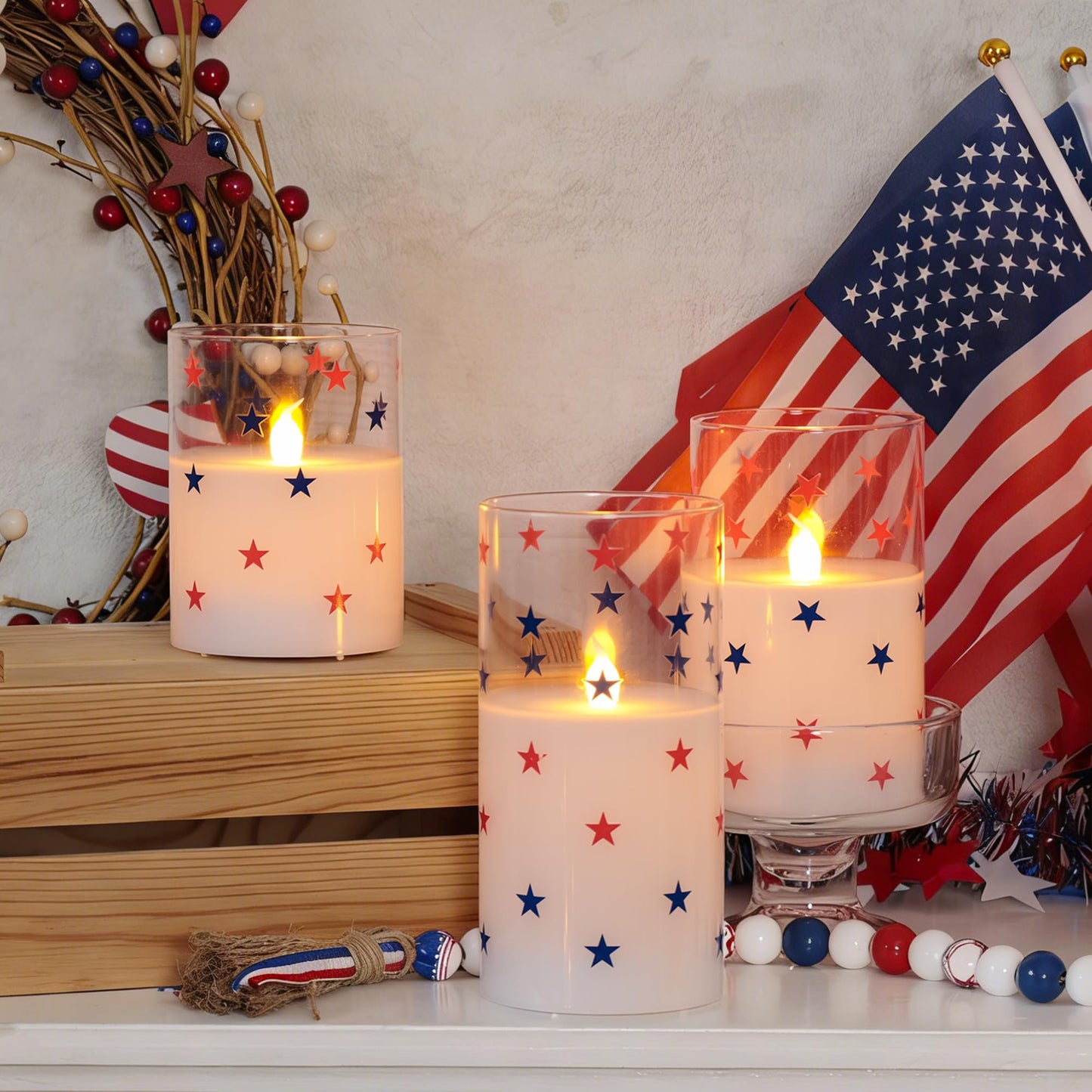 4th of July Candles, Glass Flameless Pillar Candles with Remote and Timer, Red White Blue Star Patriotic LED Candles, 250th Anniversary Battery Operated Independence Day Indoor Decor Set of 3