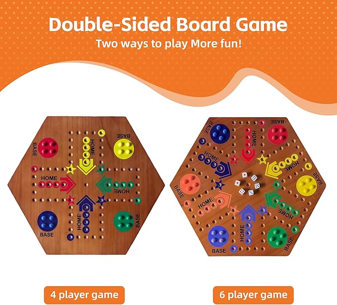 Wooden Board Game Board Game Original Marble Game Double Sided Painted 2 to 6 Player Fast Track Wooden with 6 Colors 24 Marbles 6 Dice for Adults Kids Family(15 INCH Flame)