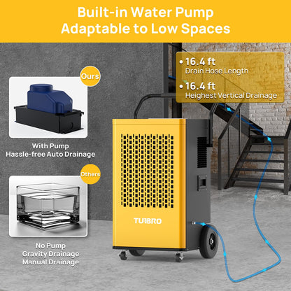 TURBRO 245 Pint Commercial Dehumidifier with Pump and Drain Hose, for Large Spaces, Rolling Wheels, Faster Defrost, for Basements, Warehouses, Flood Restoration, Industrial Sites