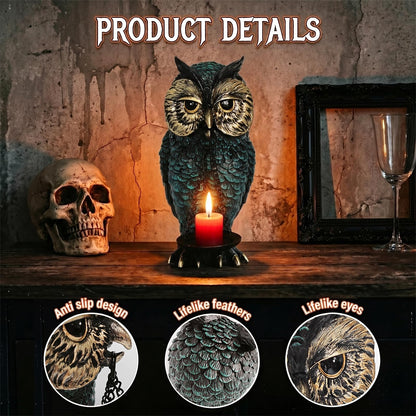 Gothic Home Decor Owl Candle Holder Tealight Stand Resin Statue for Living Room Bedroom Halloween Spooky Ornaments Unique Bird Decor Blue