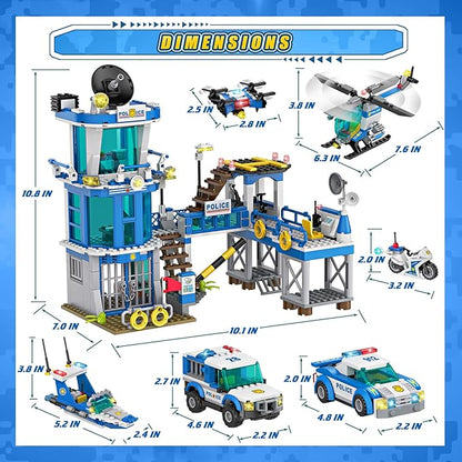 982Pcs City Police Station Building Toy Set - 6-in-1 Emergency Rescue Center with Police Car Boat Helicopter &amp Motorcycle - STEM Police Playset Gift for Kids Boys Girls Ages 6-12