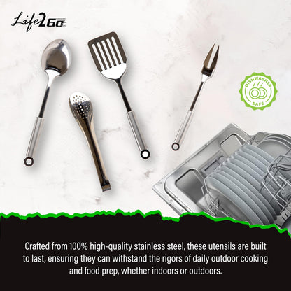 Life 2 Go 12 Pcs Camp Cooking Utensil Set & Outdoor Kitchen Gear Cookware Kit, Portable Compact Carry Case for Camping, Hiking, Travel, BBQ Grilling Stainless Steel Accessories Spoon & Fork, Navy