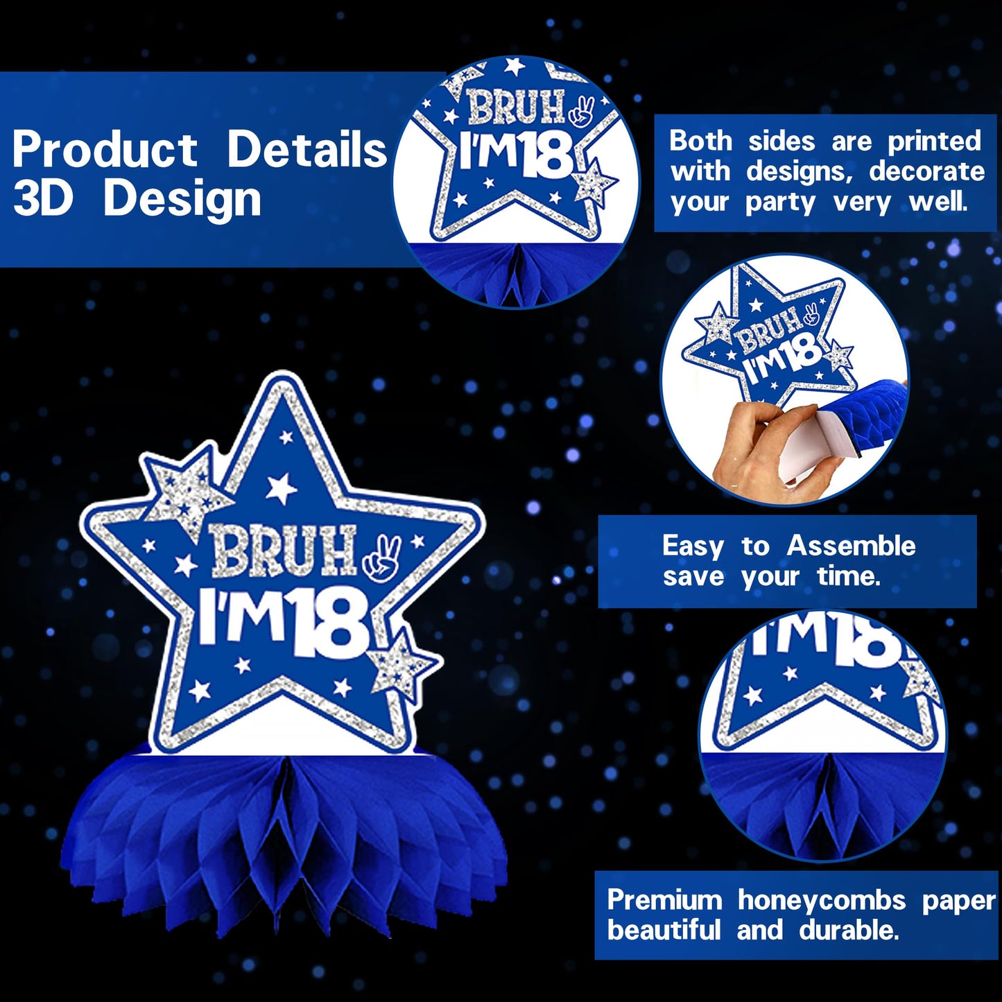 DARUNAXY 18th Birthday Party Decorations for Boys Girls, Blue Time To Adult 18 Banner, 18 Number Balloons & Cake Topper, Cheers To 18 Years Old Birthday Honeycomb Hanging Swirl Confetti Balloons