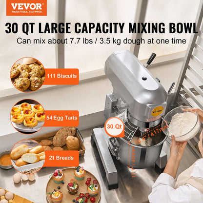 VEVOR Commercial Food Mixer 30Qt, Commercial Mixer with 3 Adjustable Speeds, 1100W Dough Mixer,Commercial Stand Mixer with Stainless Steel Bowl