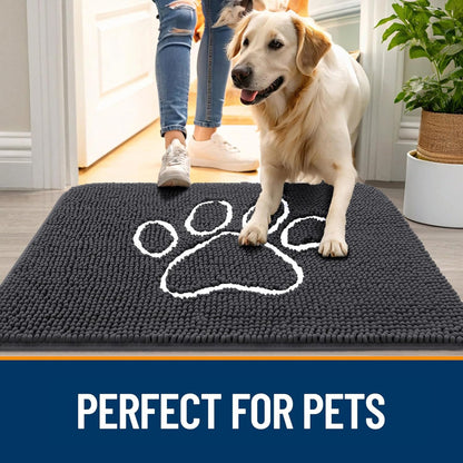OLANLY Dog Door Mat - Absorbent Non-Slip Chenille for Muddy Paws | 70x32 Dark Grey Paw Print Design