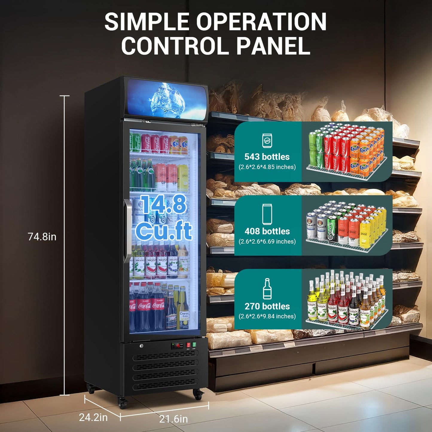 ETL & DOE Certified Commercial Beverage Refrigerator 14.8 Cu Ft, Commercial Display Fridge with Glass Door, Upright Merchandiser Refrigerator Cooler with Front LED Light for Stores, Restaurant, Office