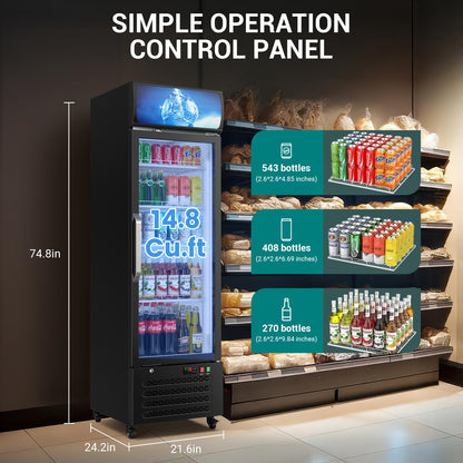 ETL & DOE Certified Commercial Beverage Refrigerator 14.8 Cu Ft, Commercial Display Fridge with Glass Door, Upright Merchandiser Refrigerator Cooler with Front LED Light for Stores, Restaurant, Office