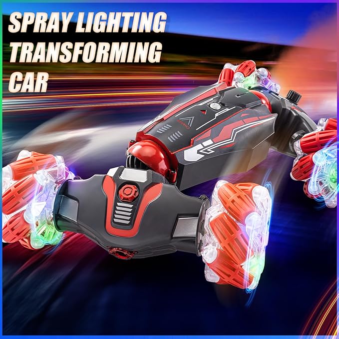4WD Stunt Car 2.4 GHz Gesture Sensor RC Cars Double-Sided Vehicle 360° Flip RC Twist Buggy with Music Spray - Best Christmas and Birthday Present for Boys and Girls Aged 6-12 (Red)