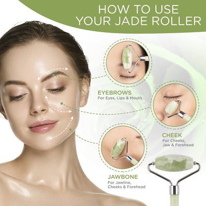Jade Roller and Gua Sha Set - 100% Natural Jade Stone Face Roller, Dual Sided Massage Roller Stimulates Blood Flow, Relieves Stress, Reduces Signs of Aging, Travel Pouch Included, Gift Box
