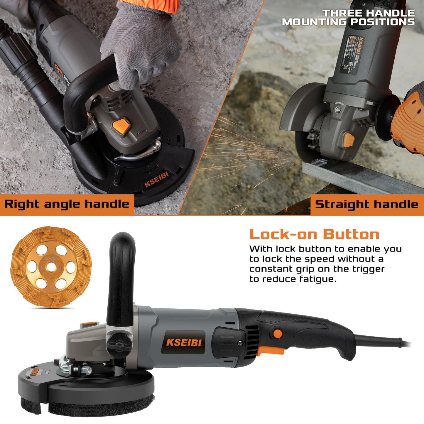 KSEIBI Concrete Angle Grinder Machine 5-Inch, Metal Grinding Tools 11.5Amps (1400 watt) with Safety Guard, Diamond Cup Wheel, Dust Shroud, and Carry Bag