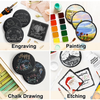 60 PCS Black Slate Stone Coasters Bulk, MAPRIAL 4 Inch 20 PCS Square, 20 PCS Round, 20PCS Hexagon Handmade Drink Coaster for Laser Engraving, Engravable Blanks Material for Engraver, Gifts, Halloween