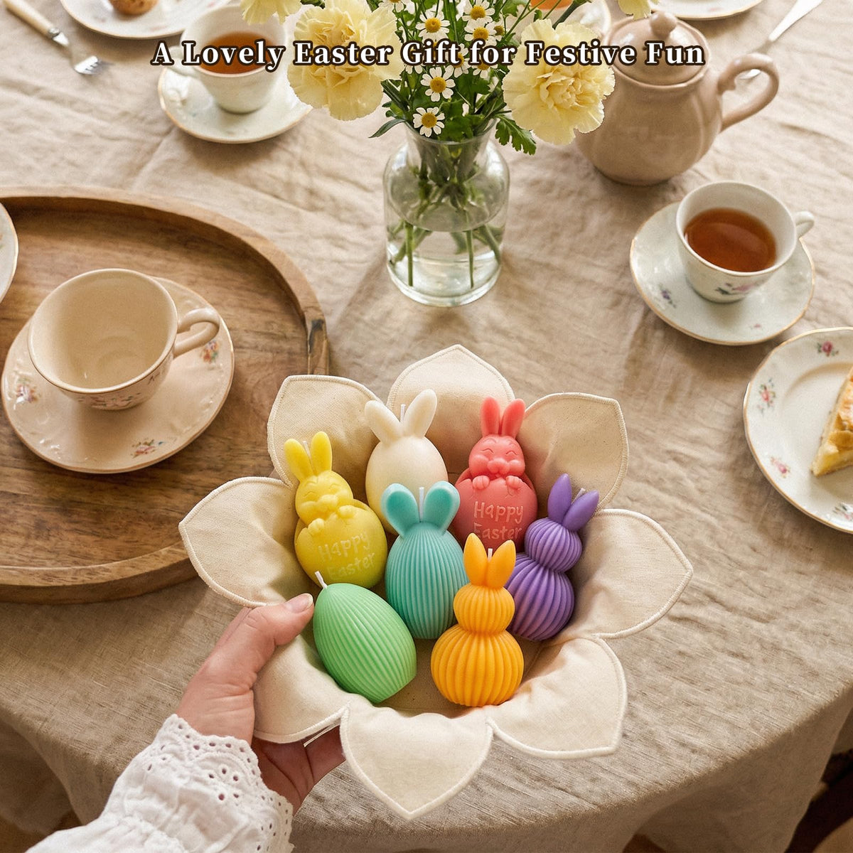 Lanpn 6 Pcs Easter Bunny & Egg Candles Gift Set, Mini Rabbit & Egg Shaped Votive Tea Lights, Easter Flower & Fruit Scented Candles, Spring Party Holiday Decor Home Table Centerpiece, Macaron Color