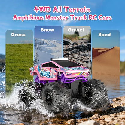 Remote Control Car for Girls1:18 Pink Monster Truck Toys Amphibious RC Cars 2.4 GHz Waterproof RC Trucks 4WD All Terrain Off-Road Pickup Girls Toys for 6-12 Year Old Kids Christmas Birthday Gifts