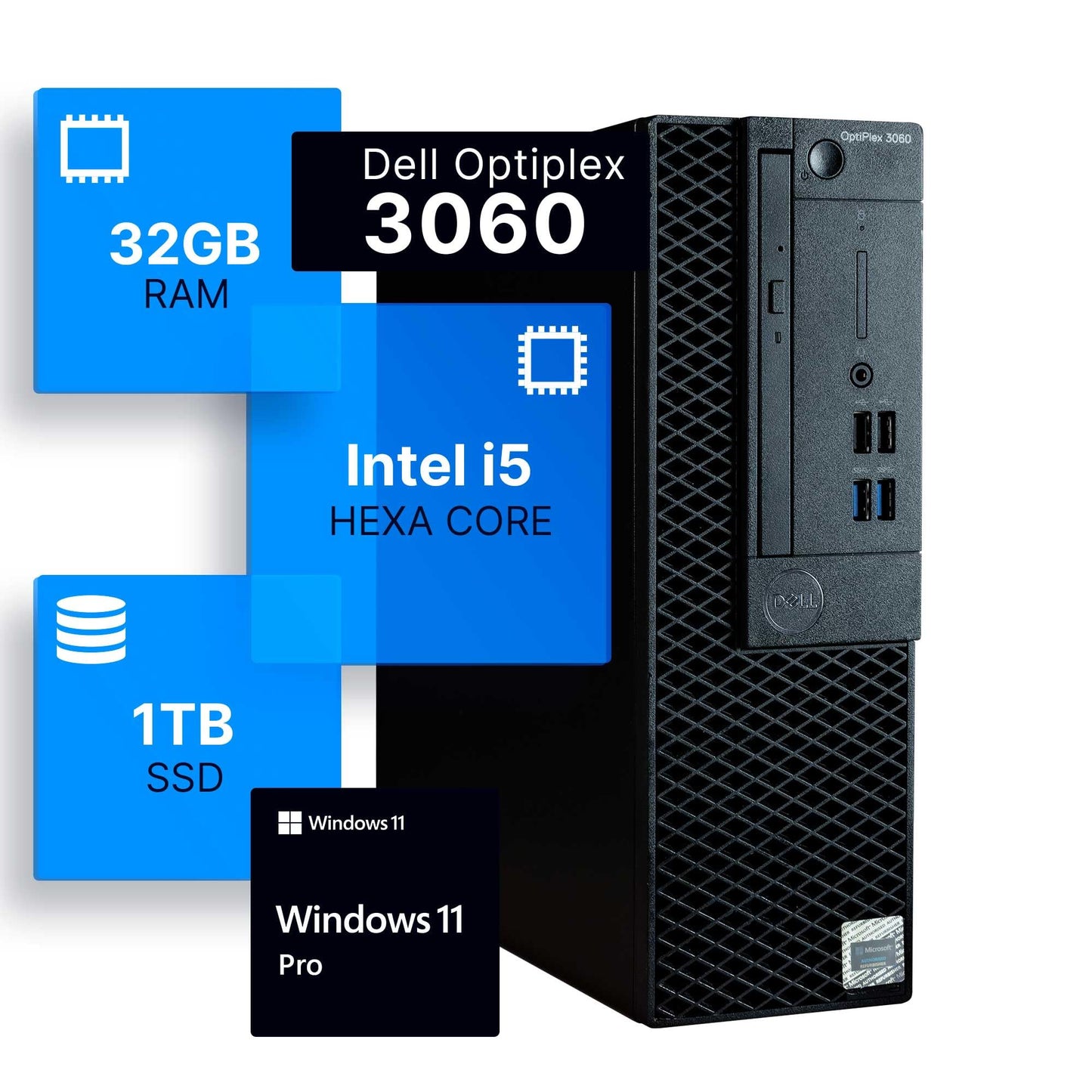 Dell Optiplex 3060 Desktop Computer | Intel i5-8500 (3.2) | 32GB DDR4 RAM | 1TB SSD Solid State | Built in WiFi | Bluetooth | Windows 11 Professional | Home or Office PC (Renewed)