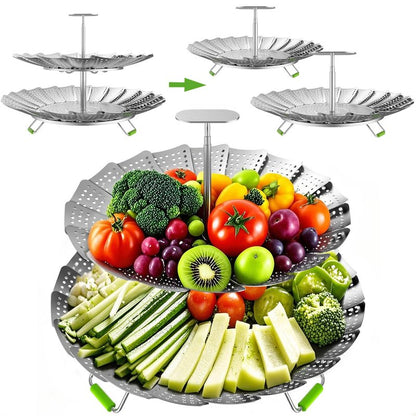 VOGARB Vegetable Steamer Basket for Pot, 2 Layer Separable-Collapsible-Expandable Smooth Edge Stainless Steel for Kitchen and Outdoor Cooking Food
