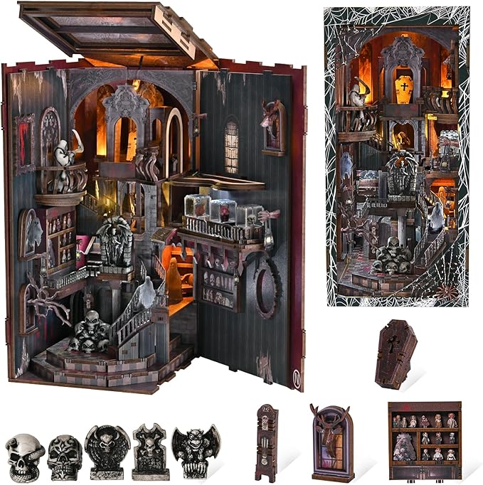 Book Nook Kit DIY Miniature Dollhouse Library Booknook Kit Bookend Bookshelf with LED Light for Adults Teens (Haunting Relics)
