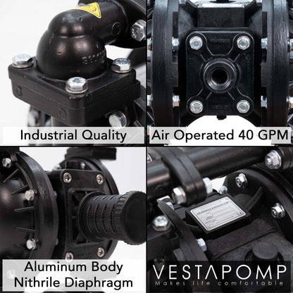 Vestapomp Air Operated Diaphragm Pump - New Version - Diaphragm Pump Air - Waste Oil AODD - Double Pneumatic Transfer (1 inch Discharge, Aluminum Body + Nitrile 40 GPM 100 PSI)