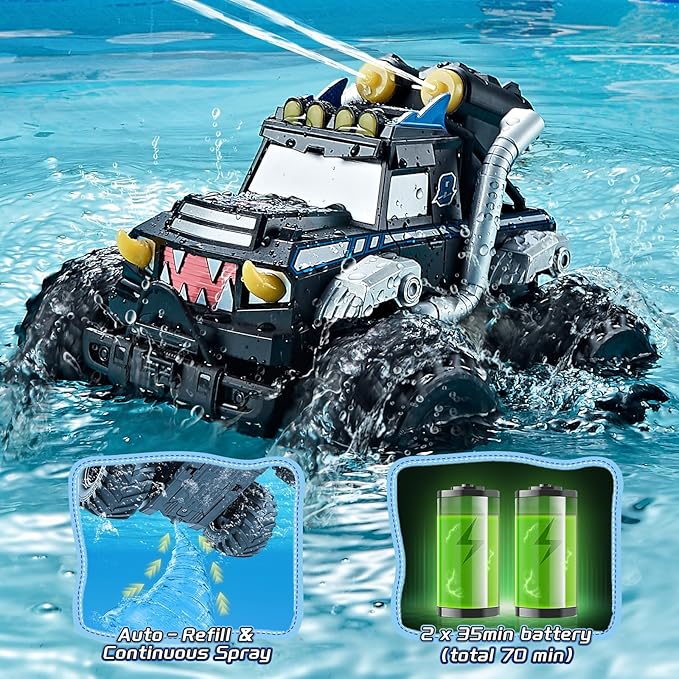 3-in-1 Amphibious Remote Control Car RC Boat/Water Gun 2.4GHz All Terrain Waterproof Monster Trucks for Boys Age 4-7 W/2 Batteries 70 min Birthday Gift Pool Toys for Kids Ages 4-8