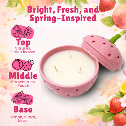 Lily Ladue Strawberry Candle - 5x5.5 3 Wick Scented Candles, 100% Soy Wax, Long Burning Highly Scented Fruity Aromatherapy, Berry Fresh Cute Whimsical Pink Room Decor, Small Strawberry Gifts for Home