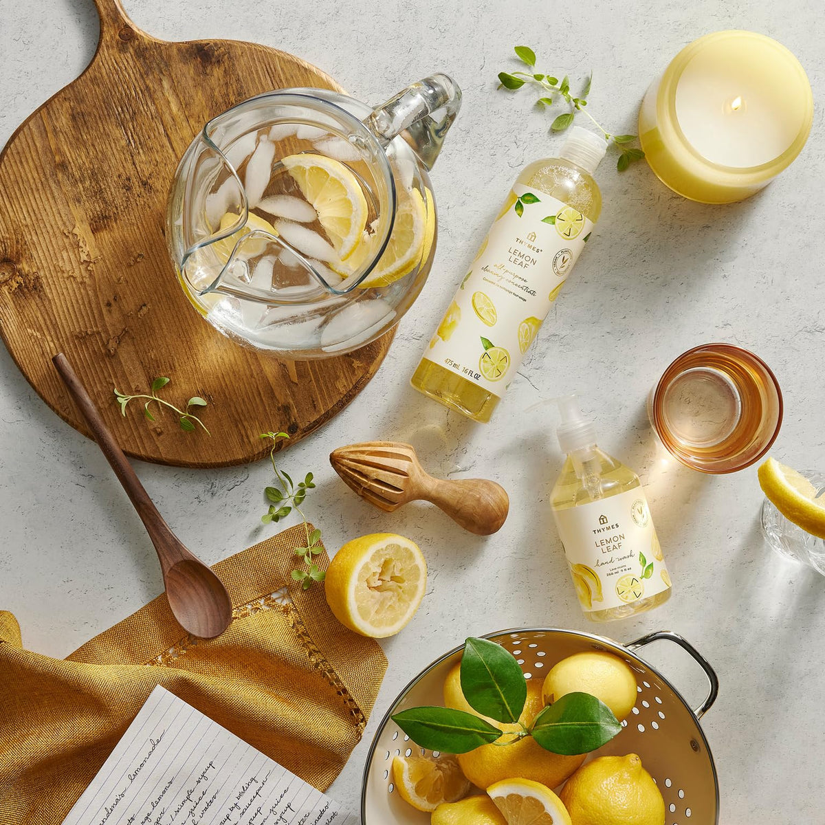 Thymes Lemon Leaf Candle - 8 Oz - Scented Candle for a Fresh Home Fragrance - Aromatherapy Candle in Glass Jar - Matte White Jar