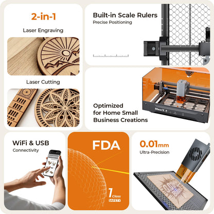 BlazeX M3 10W Laser Engraver Machine, 0.01mm Ultra-precision Laser Cutter and Engraver Machine for Wood Metal Glass Leather, Beginner-Friendly, with Enclosure Honeycomb Engraving Materials, Class 1