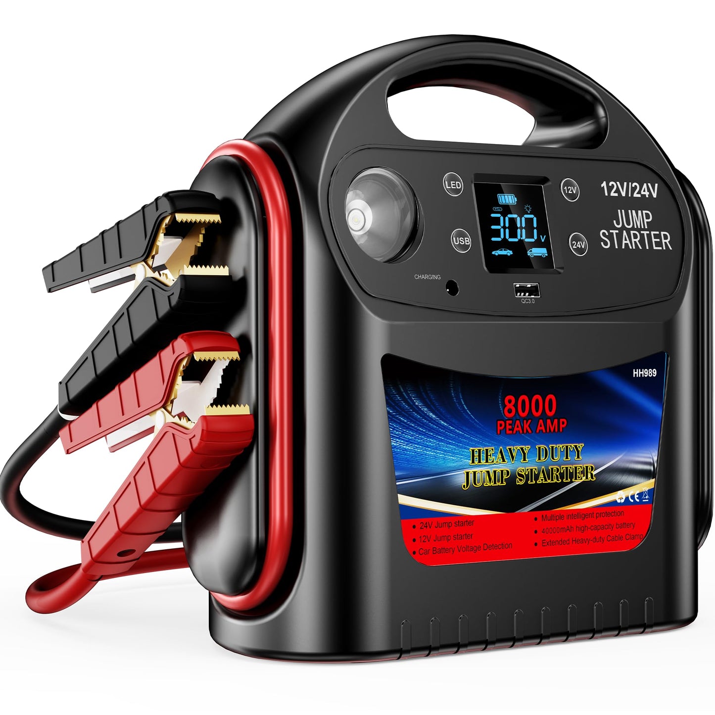 8000A 12V/24V Jump Starter for Large Gas & Diesel Engines, Heavy-Duty Portable Battery Booster Pack for Trucks, RVs & Commercial Vehicles with Force Start, Digital Display, LED Light & USB Charging