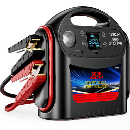 8000A 12V/24V Jump Starter for Large Gas & Diesel Engines, Heavy-Duty Portable Battery Booster Pack for Trucks, RVs & Commercial Vehicles with Force Start, Digital Display, LED Light & USB Charging