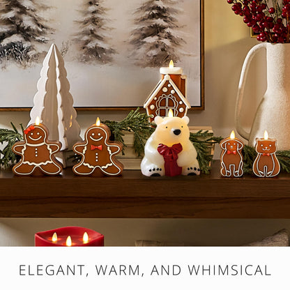 Luminara Flickering Flameless Candle 5" x 5.5", Battery Operated & Timer Function, Remote Ready (Sold Separately), Polar Bear w/Gift Moving Flame LED Light Figural Decor for Christmas Winter Holidays