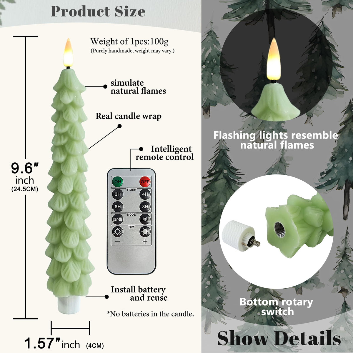 FCMSHAMD Light Green Christmas Trees Flickering Flameless Candles with Remote and Timer, Real Wax 3D Flame Wick LED Candles, 9.8 Inch Battery Operated Candles for Christmas Home Decoration，4PCS